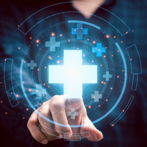 Finger touches a glowing white medical cross hologram surrounded by a circular blue digital interface, symbolizing digital health technology.